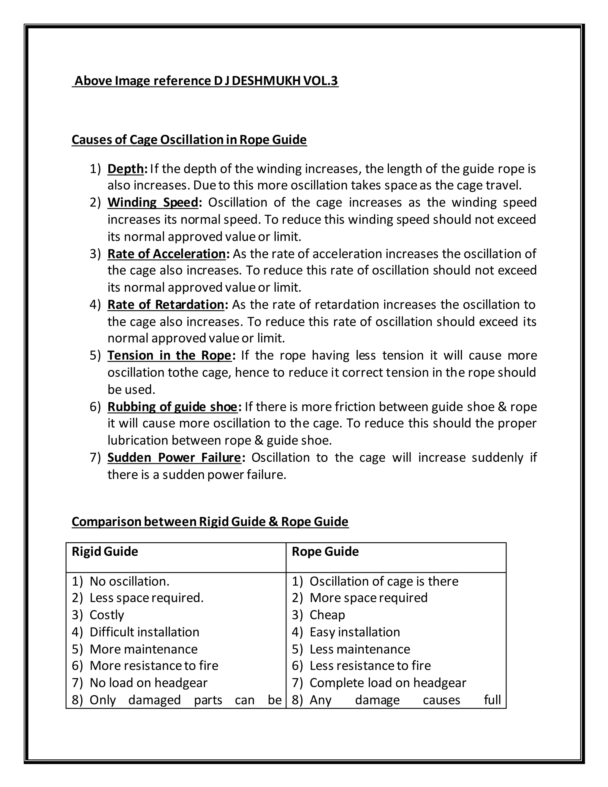 Above Image reference D JDESHMUKH VOL.3
Causes of Cage OscillationinRope Guide
1) Depth:If the depth of the winding increases, the length of the guide rope is
also increases. Dueto this more oscillation takes spaceas the cage travel.
2) Winding Speed: Oscillation of the cage increases as the winding speed
increases its normal speed. To reduce this winding speed should not exceed
its normal approved valueor limit.
3) Rate of Acceleration: As the rate of acceleration increases the oscillation of
the cage also increases. To reduce this rate of oscillation should not exceed
its normal approved valueor limit.
4) Rate of Retardation: As the rate of retardation increases the oscillation to
the cage also increases. To reduce this rate of oscillation should exceed its
normal approved valueor limit.
5) Tension in the Rope: If the rope having less tension it will cause more
oscillation tothe cage, hence to reduce it correct tension in the rope should
be used.
6) Rubbing of guide shoe: If there is more friction between guide shoe & rope
it will cause more oscillation to the cage. To reduce this should the proper
lubrication between rope & guide shoe.
7) Sudden Power Failure: Oscillation to the cage will increase suddenly if
there is a sudden power failure.
ComparisonbetweenRigidGuide & Rope Guide
RigidGuide Rope Guide
1) No oscillation.
2) Less spacerequired.
3) Costly
4) Difficult installation
5) More maintenance
6) More resistanceto fire
7) No load on headgear
8) Only damaged parts can be
1) Oscillation of cage is there
2) More spacerequired
3) Cheap
4) Easy installation
5) Less maintenance
6) Less resistanceto fire
7) Complete load on headgear
8) Any damage causes full
 