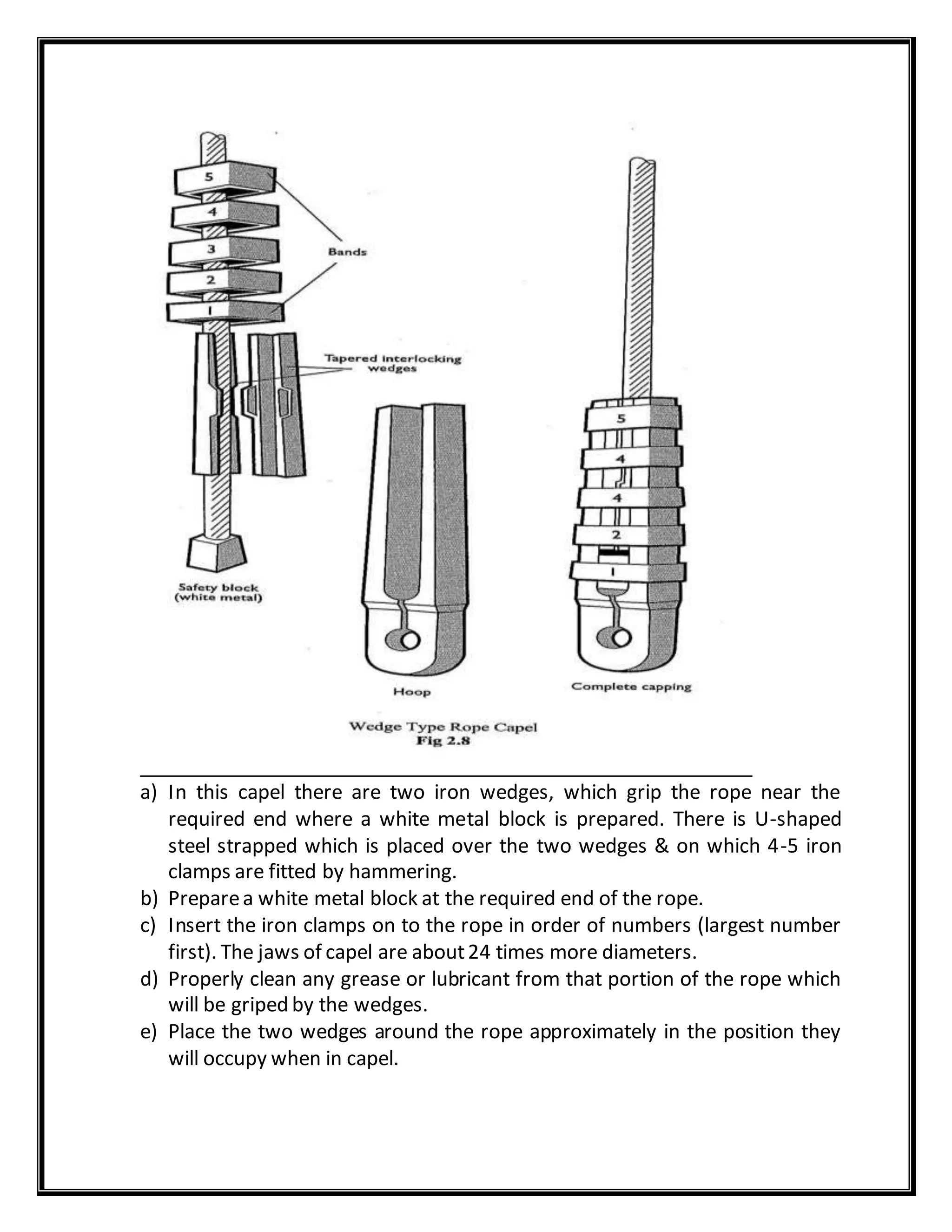 a) In this capel there are two iron wedges, which grip the rope near the
required end where a white metal block is prepared. There is U-shaped
steel strapped which is placed over the two wedges & on which 4-5 iron
clamps are fitted by hammering.
b) Preparea white metal block at the required end of the rope.
c) Insert the iron clamps on to the rope in order of numbers (largest number
first). The jaws of capel are about24 times more diameters.
d) Properly clean any grease or lubricant from that portion of the rope which
will be griped by the wedges.
e) Place the two wedges around the rope approximately in the position they
will occupy when in capel.
 