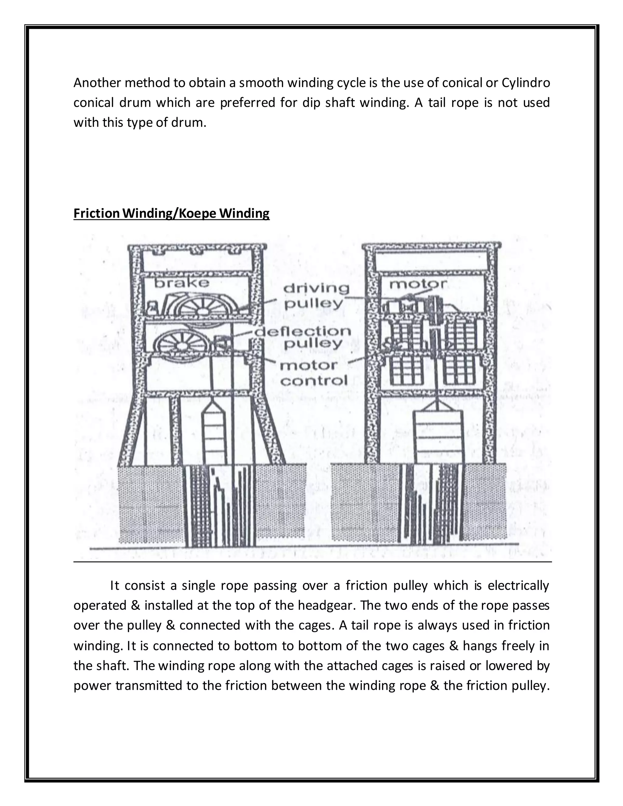 Another method to obtain a smooth winding cycle is the use of conical or Cylindro
conical drum which are preferred for dip shaft winding. A tail rope is not used
with this type of drum.
FrictionWinding/Koepe Winding
It consist a single rope passing over a friction pulley which is electrically
operated & installed at the top of the headgear. The two ends of the rope passes
over the pulley & connected with the cages. A tail rope is always used in friction
winding. It is connected to bottom to bottom of the two cages & hangs freely in
the shaft. The winding rope along with the attached cages is raised or lowered by
power transmitted to the friction between the winding rope & the friction pulley.
 