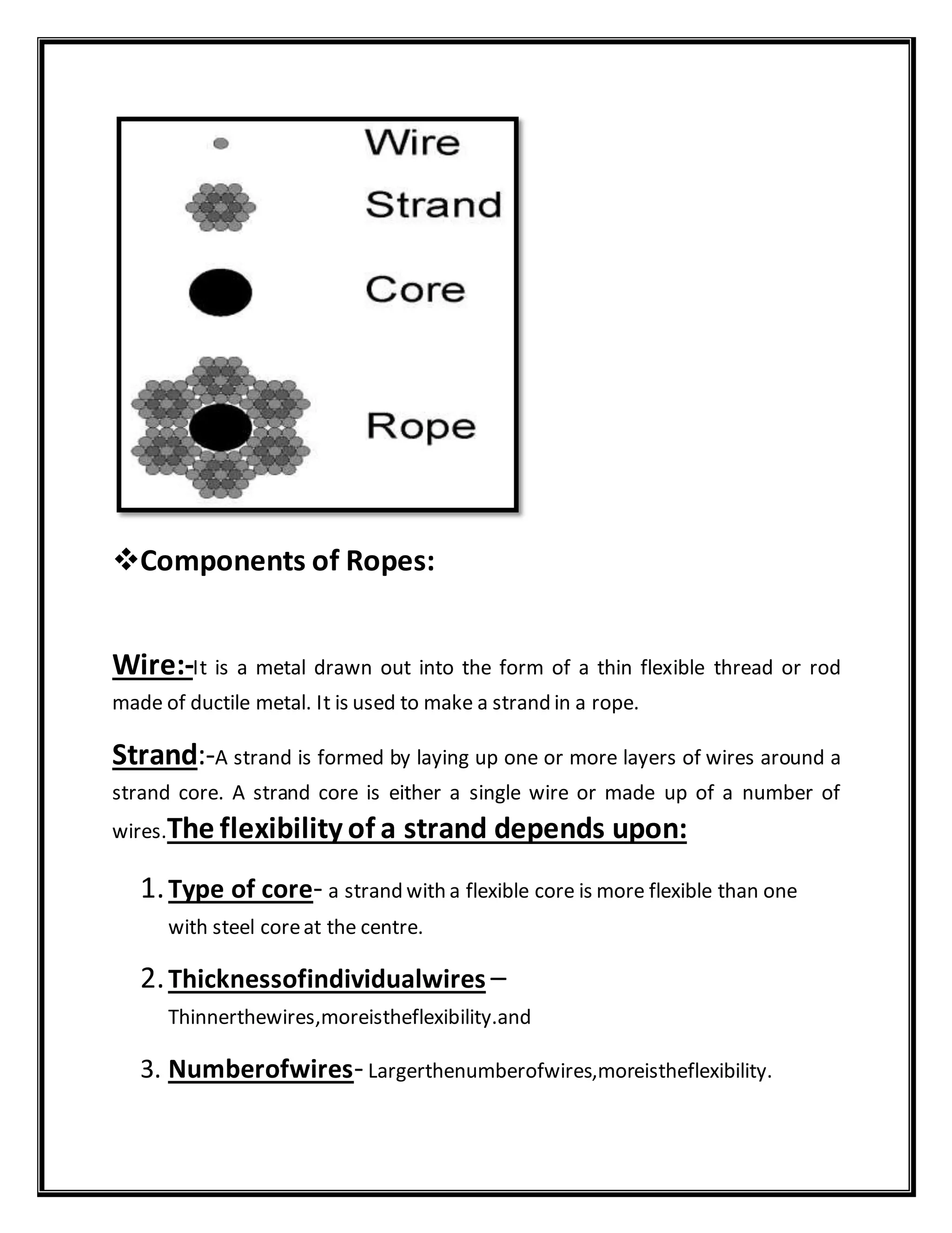 Components of Ropes:
Wire:-It is a metal drawn out into the form of a thin flexible thread or rod
made of ductile metal. It is used to make a strand in a rope.
Strand:-A strand is formed by laying up one or more layers of wires around a
strand core. A strand core is either a single wire or made up of a number of
wires.The flexibility of a strand depends upon:
1.Type of core- a strand with a flexible core is more flexible than one
with steel coreat the centre.
2.Thicknessofindividualwires –
Thinnerthewires,moreistheflexibility.and
3. Numberofwires-Largerthenumberofwires,moreistheflexibility.
 