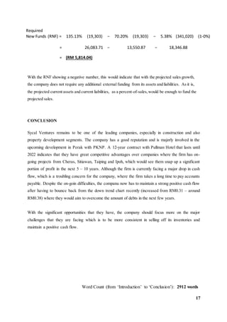 17
With the RNF showing a negative number, this would indicate that with the projected sales growth,
the company does not require any additional external funding from its assets and liabilities. As it is,
the projected current assets and current liabilities, as a percent-of-sales,would be enough to fund the
projected sales.
CONCLUSION
Sycal Ventures remains to be one of the leading companies, especially in construction and also
property development segments. The company has a good reputation and is majorly involved in the
upcoming development in Perak with PKNP. A 12-year contract with Pullman Hotel that lasts until
2022 indicates that they have great competitive advantages over companies where the firm has on-
going projects from Cheras, Sitiawan, Taiping and Ipoh, which would see them snap up a significant
portion of profit in the next 5 – 10 years. Although the firm is currently facing a major drop in cash
flow, which is a troubling concern for the company, where the firm takes a long time to pay accounts
payable. Despite the on-goin difficulties, the companu now has to maintain a strong positive cash flow
after having to bounce back from the down trend chart recently (increased from RM0.31 – around
RM0.38) where they would aim to overcome the amount of debts in the next few years.
With the significant opportunities that they have, the company should focus more on the major
challenges that they are facing which is to be more consistent in selling off its inventories and
maintain a positive cash flow.
Required
New Funds (RNF) = 135.13% (19,303) − 70.20% (19,303) − 5.38% (341,020) (1-0%)
= 26,083.71 − 13,550.87 − 18,346.88
= (RM 5,814.04)
Word Count (from ‘Introduction’ to ‘Conclusion’): 2912 words
 