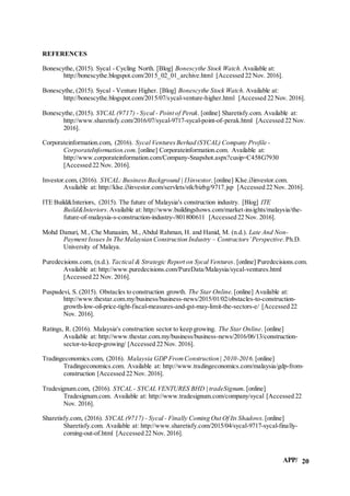 APP/ 20
REFERENCES
Bonescythe, (2015). Sycal - Cycling North. [Blog] Bonescythe Stock Watch. Available at:
http://bonescythe.blogspot.com/2015_02_01_archive.html [Accessed 22 Nov. 2016].
Bonescythe, (2015). Sycal - Venture Higher. [Blog] Bonescythe Stock Watch. Available at:
http://bonescythe.blogspot.com/2015/07/sycal-venture-higher.html [Accessed 22 Nov. 2016].
Bonescythe, (2015). SYCAL (9717) - Sycal - Point of Perak. [online] Sharetisfy.com. Available at:
http://www.sharetisfy.com/2016/07/sycal-9717-sycal-point-of-perak.html [Accessed 22 Nov.
2016].
Corporateinformation.com, (2016). Sycal VenturesBerhad (SYCAL) Company Profile -
CorporateInformation.com. [online] Corporateinformation.com. Available at:
http://www.corporateinformation.com/Company-Snapshot.aspx?cusip=C458G7930
[Accessed 22 Nov. 2016].
Investor.com, (2016). SYCAL: Business Background | I3investor. [online] Klse.i3investor.com.
Available at: http://klse.i3investor.com/servlets/stk/bizbg/9717.jsp [Accessed 22 Nov. 2016].
ITE Build&Interiors, (2015). The future of Malaysia's construction industry. [Blog] ITE
Build&Interiors.Available at: http://www.buildingshows.com/market-insights/malaysia/the-
future-of-malaysia-s-construction-industry-/801800611 [Accessed 22 Nov. 2016].
Mohd Danuri, M., Che Munaaim, M., Abdul Rahman, H. and Hanid, M. (n.d.). Late And Non-
Payment Issues In The Malaysian Construction Industry – Contractors’Perspective.Ph.D.
University of Malaya.
Puredecisions.com, (n.d.). Tactical & Strategic Report on Sycal Ventures. [online] Puredecisions.com.
Available at: http://www.puredecisions.com/PureData/Malaysia/sycal-ventures.html
[Accessed 22 Nov. 2016].
Puspadevi, S. (2015). Obstacles to construction growth. The Star Online. [online] Available at:
http://www.thestar.com.my/business/business-news/2015/01/02/obstacles-to-construction-
growth-low-oil-price-tight-fiscal-measures-and-gst-may-limit-the-sectors-e/ [Accessed 22
Nov. 2016].
Ratings, R. (2016). Malaysia's construction sector to keep growing. The Star Online. [online]
Available at: http://www.thestar.com.my/business/business-news/2016/06/13/construction-
sector-to-keep-growing/ [Accessed 22 Nov. 2016].
Tradingeconomics.com, (2016). Malaysia GDP FromConstruction | 2010-2016. [online]
Tradingeconomics.com. Available at: http://www.tradingeconomics.com/malaysia/gdp-from-
construction [Accessed 22 Nov. 2016].
Tradesignum.com, (2016). SYCAL - SYCAL VENTURES BHD | tradeSignum. [online]
Tradesignum.com. Available at: http://www.tradesignum.com/company/sycal [Accessed 22
Nov. 2016].
Sharetisfy.com, (2016). SYCAL (9717) - Sycal - Finally Coming Out Of Its Shadows. [online]
Sharetisfy.com. Available at: http://www.sharetisfy.com/2015/04/sycal-9717-sycal-finally-
coming-out-of.html [Accessed 22 Nov. 2016].
 