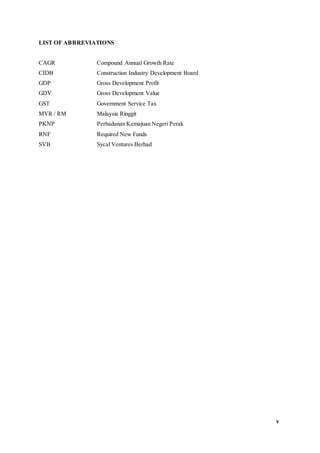 v
LIST OF ABBREVIATIONS
CAGR Compound Annual Growth Rate
CIDB Construction Industry Development Board
GDP Gross Development Profit
GDV Gross Development Value
GST Government Service Tax
MYR / RM Malaysia Ringgit
PKNP Perbadanan Kemajuan Negeri Perak
RNF Required New Funds
SVB Sycal Ventures Berhad
 