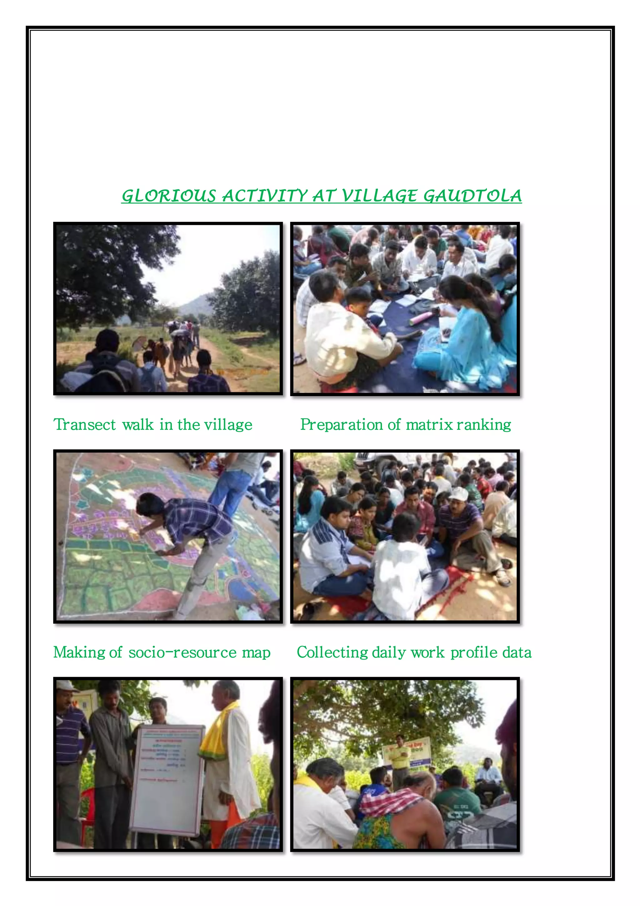 GLORIOUS ACTIVITY AT VILLAGE GAUDTOLA
Transect walk in the village Preparation of matrix ranking
Making of socio-resource map Collecting daily work profile data
 