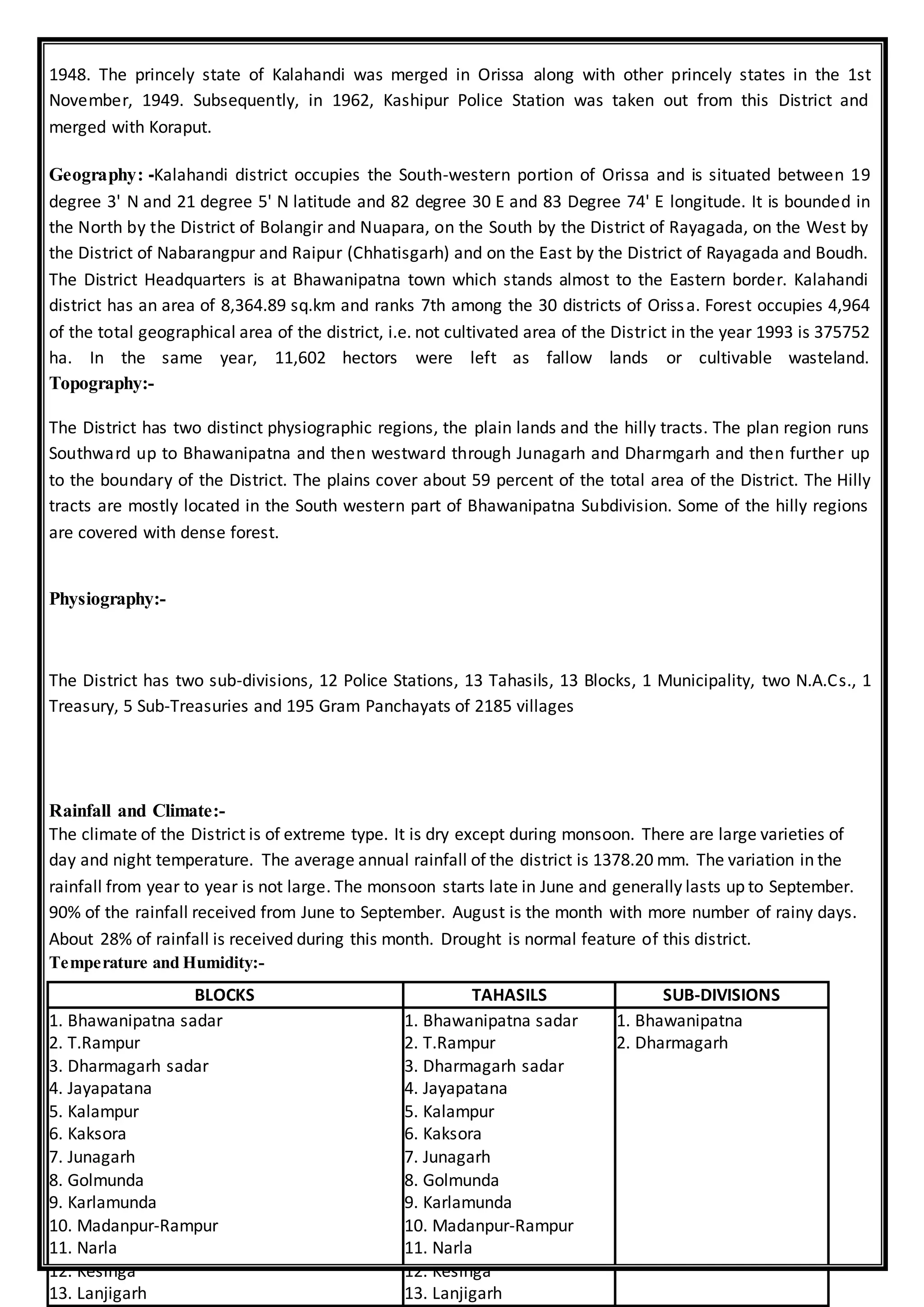 1948. The princely state of Kalahandi was merged in Orissa along with other princely states in the 1st
November, 1949. Subsequently, in 1962, Kashipur Police Station was taken out from this District and
merged with Koraput.
Geography: -Kalahandi district occupies the South-western portion of Orissa and is situated between 19
degree 3' N and 21 degree 5' N latitude and 82 degree 30 E and 83 Degree 74' E longitude. It is bounded in
the North by the District of Bolangir and Nuapara, on the South by the District of Rayagada, on the West by
the District of Nabarangpur and Raipur (Chhatisgarh) and on the East by the District of Rayagada and Boudh.
The District Headquarters is at Bhawanipatna town which stands almost to the Eastern border. Kalahandi
district has an area of 8,364.89 sq.km and ranks 7th among the 30 districts of Orissa. Forest occupies 4,964
of the total geographical area of the district, i.e. not cultivated area of the District in the year 1993 is 375752
ha. In the same year, 11,602 hectors were left as fallow lands or cultivable wasteland.
Topography:-
The District has two distinct physiographic regions, the plain lands and the hilly tracts. The plan region runs
Southward up to Bhawanipatna and then westward through Junagarh and Dharmgarh and then further up
to the boundary of the District. The plains cover about 59 percent of the total area of the District. The Hilly
tracts are mostly located in the South western part of Bhawanipatna Subdivision. Some of the hilly regions
are covered with dense forest.
Physiography:-
The District has two sub-divisions, 12 Police Stations, 13 Tahasils, 13 Blocks, 1 Municipality, two N.A.Cs., 1
Treasury, 5 Sub-Treasuries and 195 Gram Panchayats of 2185 villages
Rainfall and Climate:-
The climate of the District is of extreme type. It is dry except during monsoon. There are large varieties of
day and night temperature. The average annual rainfall of the district is 1378.20 mm. The variation in the
rainfall from year to year is not large. The monsoon starts late in June and generally lasts up to September.
90% of the rainfall received from June to September. August is the month with more number of rainy days.
About 28% of rainfall is received during this month. Drought is normal feature of this district.
Temperature and Humidity:-
BLOCKS TAHASILS SUB-DIVISIONS
1. Bhawanipatna sadar
2. T.Rampur
3. Dharmagarh sadar
4. Jayapatana
5. Kalampur
6. Kaksora
7. Junagarh
8. Golmunda
9. Karlamunda
10. Madanpur-Rampur
11. Narla
12. Kesinga
13. Lanjigarh
1. Bhawanipatna sadar
2. T.Rampur
3. Dharmagarh sadar
4. Jayapatana
5. Kalampur
6. Kaksora
7. Junagarh
8. Golmunda
9. Karlamunda
10. Madanpur-Rampur
11. Narla
12. Kesinga
13. Lanjigarh
1. Bhawanipatna
2. Dharmagarh
 