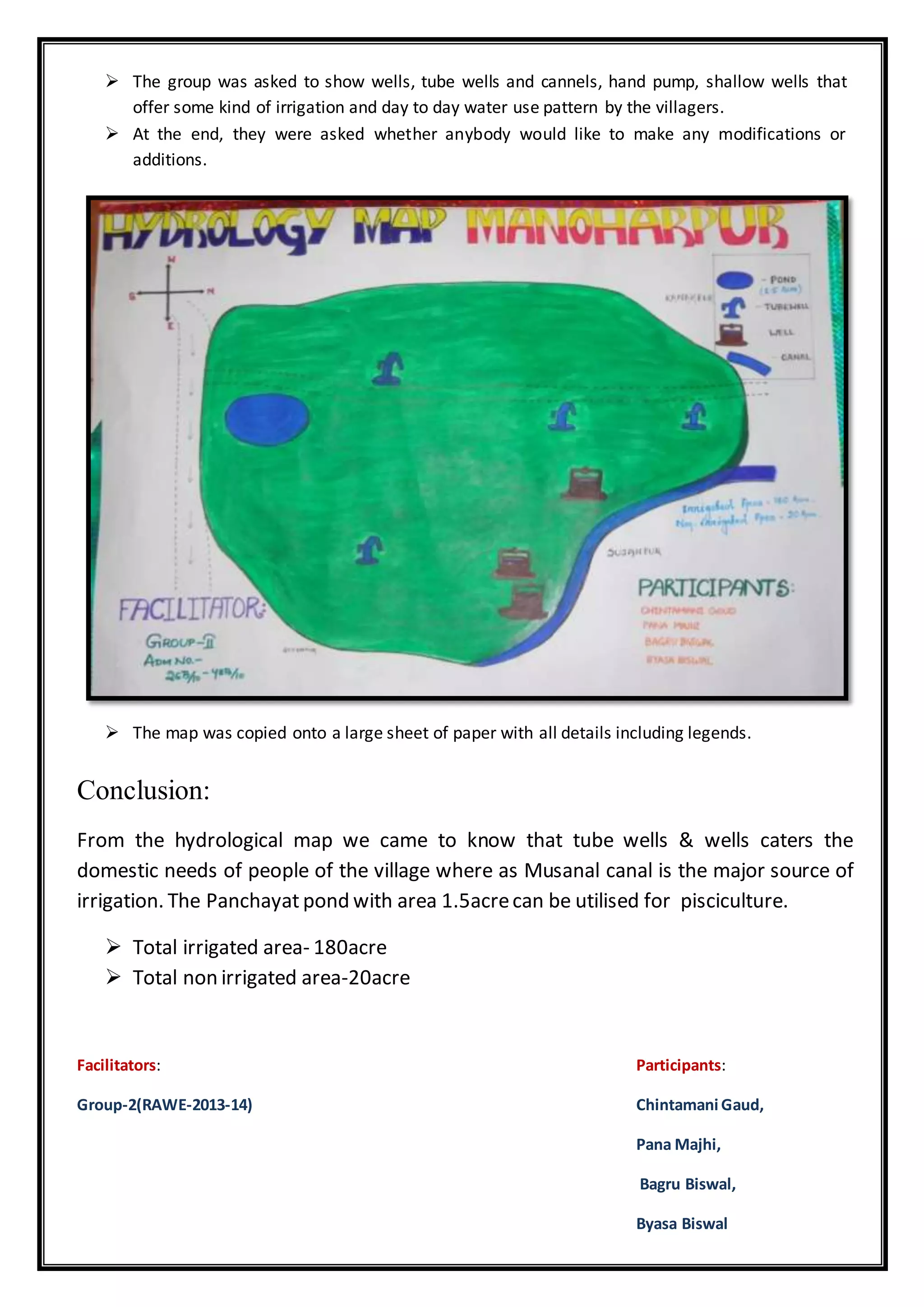  The group was asked to show wells, tube wells and cannels, hand pump, shallow wells that
offer some kind of irrigation and day to day water use pattern by the villagers.
 At the end, they were asked whether anybody would like to make any modifications or
additions.
 The map was copied onto a large sheet of paper with all details including legends.
Conclusion:
From the hydrological map we came to know that tube wells & wells caters the
domestic needs of people of the village where as Musanal canal is the major source of
irrigation. The Panchayat pond with area 1.5acrecan be utilised for pisciculture.
 Total irrigated area- 180acre
 Total non irrigated area-20acre
Facilitators: Participants:
Group-2(RAWE-2013-14) Chintamani Gaud,
Pana Majhi,
Bagru Biswal,
Byasa Biswal
 