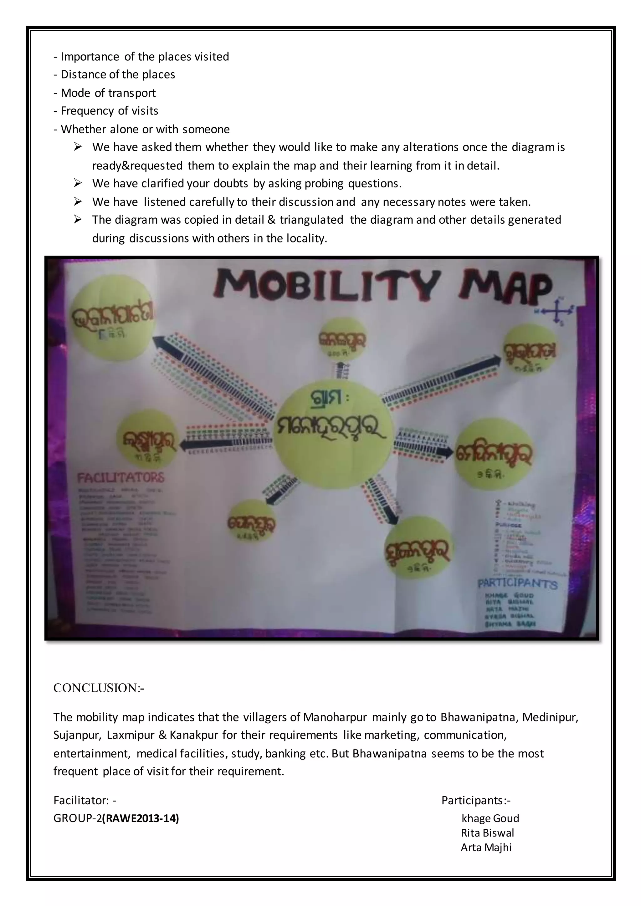 - Importance of the places visited
- Distance of the places
- Mode of transport
- Frequency of visits
- Whether alone or with someone
 We have asked them whether they would like to make any alterations once the diagramis
ready&requested them to explain the map and their learning from it in detail.
 We have clarified your doubts by asking probing questions.
 We have listened carefully to their discussion and any necessary notes were taken.
 The diagram was copied in detail & triangulated the diagram and other details generated
during discussions with others in the locality.
CONCLUSION:-
The mobility map indicates that the villagers of Manoharpur mainly go to Bhawanipatna, Medinipur,
Sujanpur, Laxmipur & Kanakpur for their requirements like marketing, communication,
entertainment, medical facilities, study, banking etc. But Bhawanipatna seems to be the most
frequent place of visit for their requirement.
Facilitator: - Participants:-
GROUP-2(RAWE2013-14) khage Goud
Rita Biswal
Arta Majhi
 