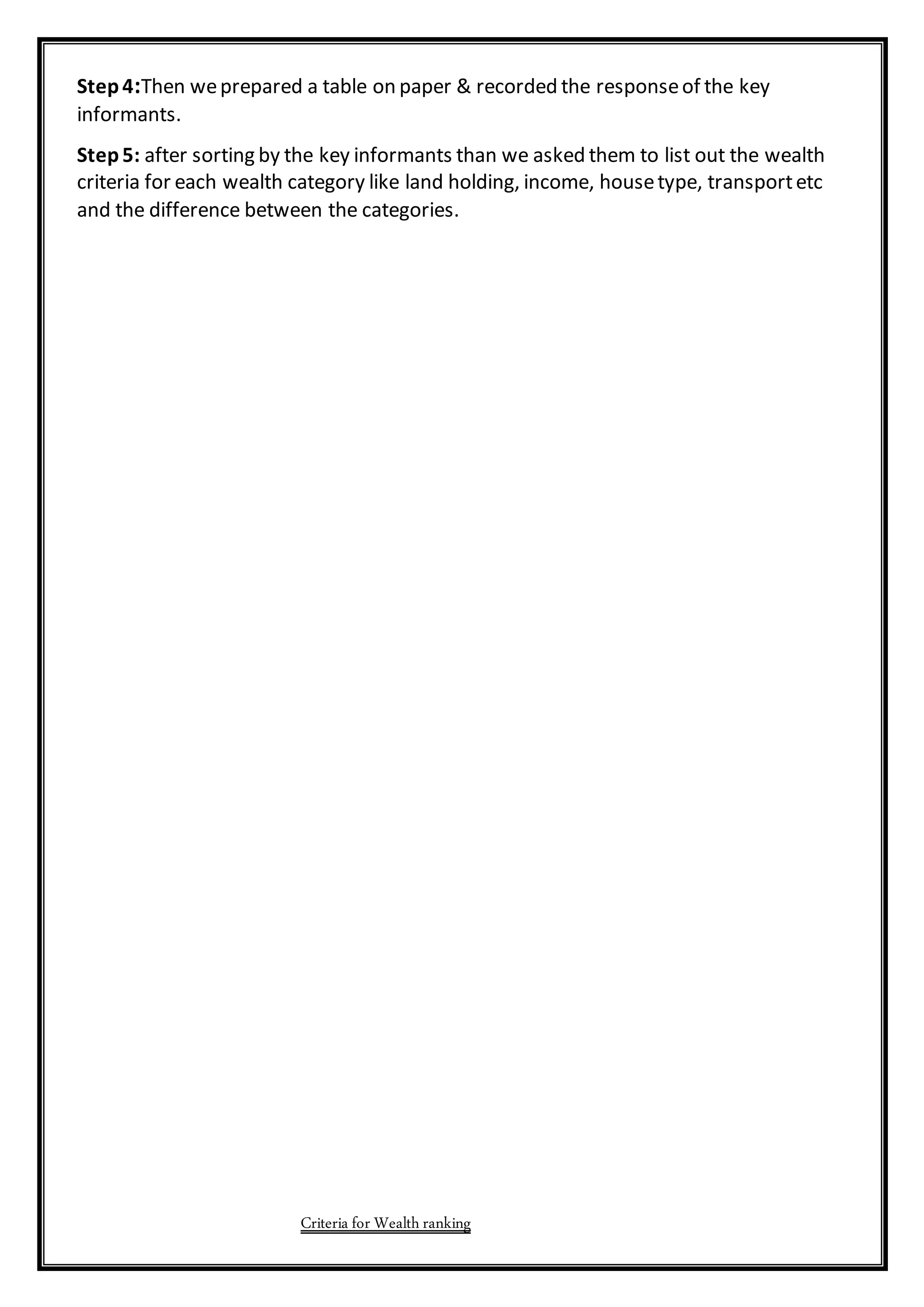 Step4:Then weprepared a table on paper & recorded the responseof the key
informants.
Step5: after sorting by the key informants than we asked them to list out the wealth
criteria for each wealth category like land holding, income, housetype, transportetc
and the difference between the categories.
Criteria for Wealthranking
 