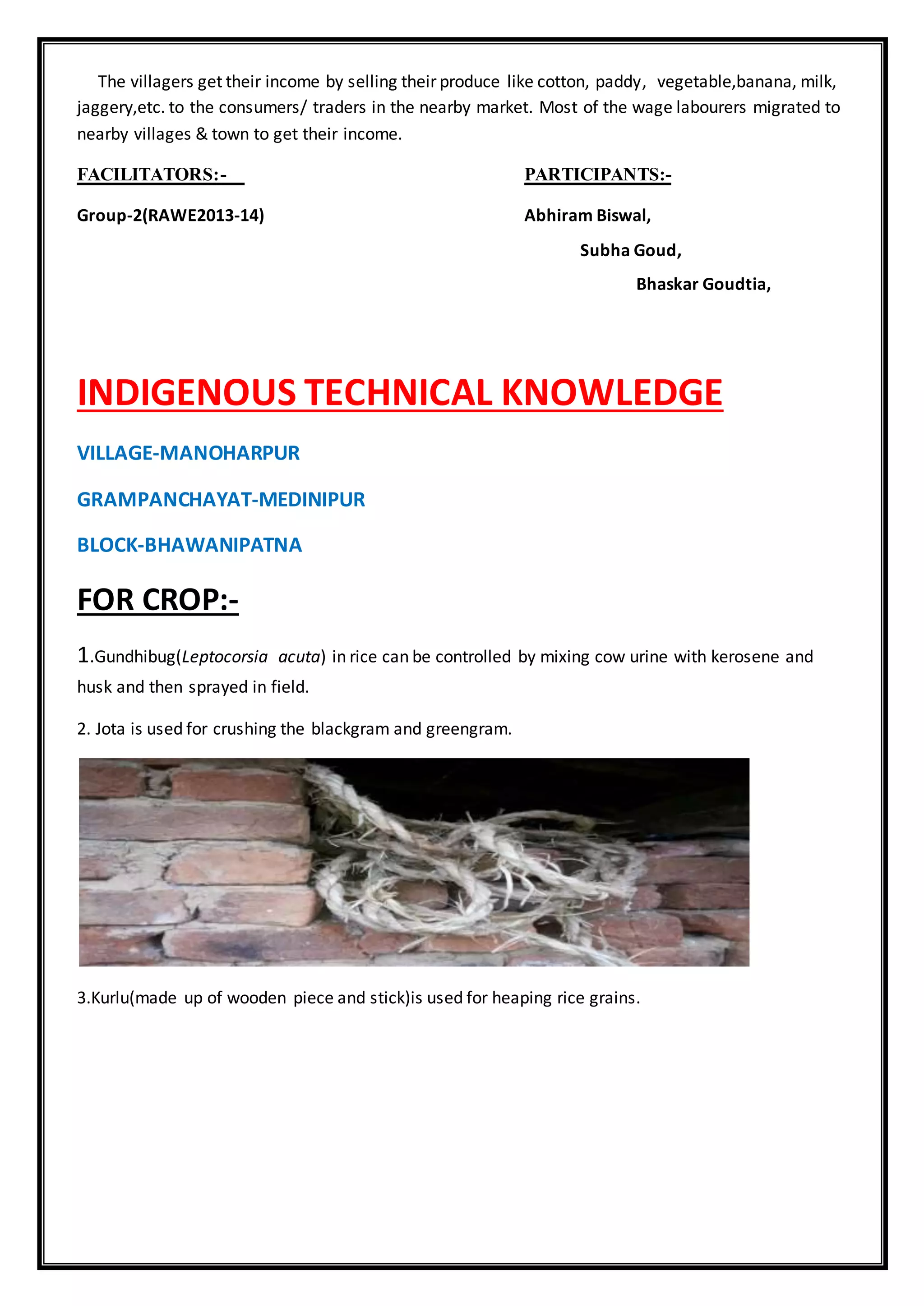 The villagers get their income by selling their produce like cotton, paddy, vegetable,banana, milk,
jaggery,etc. to the consumers/ traders in the nearby market. Most of the wage labourers migrated to
nearby villages & town to get their income.
FACILITATORS:- PARTICIPANTS:-
Group-2(RAWE2013-14) Abhiram Biswal,
Subha Goud,
Bhaskar Goudtia,
INDIGENOUS TECHNICAL KNOWLEDGE
VILLAGE-MANOHARPUR
GRAMPANCHAYAT-MEDINIPUR
BLOCK-BHAWANIPATNA
FOR CROP:-
1.Gundhibug(Leptocorsia acuta) in rice can be controlled by mixing cow urine with kerosene and
husk and then sprayed in field.
2. Jota is used for crushing the blackgram and greengram.
3.Kurlu(made up of wooden piece and stick)is used for heaping rice grains.
 