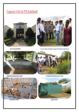 Exposure visit to KVK,kalahandi
KVK, KALAHANDI DR.R.K.TARAI SHOWING QUALITY PLANTING MATERIALS.
VERMICOPMOSTING UNIT UTTAM SIR WITH US AT KVK
POULTRY UNIT SHADE NET
 