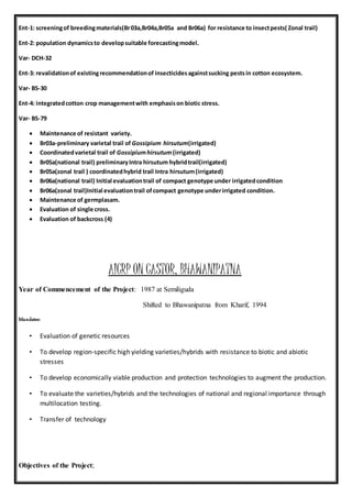 Ent-1: screeningof breedingmaterials(Br03a,Br04a,Br05a and Br06a) for resistance to insectpests( Zonal trail)
Ent-2: population dynamicsto developsuitable forecastingmodel.
Var- DCH-32
Ent-3: revalidationof existingrecommendationof insecticidesagainstsucking pestsin cotton ecosystem.
Var- BS-30
Ent-4: integratedcotton crop managementwith emphasison biotic stress.
Var- BS-79
 Maintenance of resistant variety.
 Br03a-preliminary varietal trail of Gossipium hirsutum(irrigated)
 Coordinatedvarietal trail of Gossipiumhirsutum (irrigated)
 Br05a(national trail) preliminaryIntra hirsutum hybridtrail(irrigated)
 Br05a(zonal trail ) coordinatedhybrid trail Intra hirsutum(irrigated)
 Br06a(national trail) Initial evaluationtrail of compact genotype under irrigatedcondition
 Br06a(zonal trail)Initial evaluationtrail ofcompact genotype underirrigated condition.
 Maintenance of germplasam.
 Evaluation of single cross.
 Evaluation of backcross (4)
AICRP ON CASTOR, BHAWANIPATNA
Year of Commencement of the Project: 1987 at Semiliguda
Shifted to Bhawanipatna from Kharif, 1994
Mandates:
• Evaluation of genetic resources
• To develop region-specific high yielding varieties/hybrids with resistance to biotic and abiotic
stresses
• To develop economically viable production and protection technologies to augment the production.
• To evaluate the varieties/hybrids and the technologies of national and regional importance through
multilocation testing.
• Transfer of technology
Objectives of the Project;
 