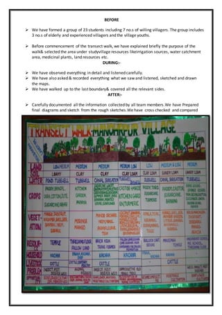 BEFORE
 We have formed a group of 23 students including 7 no.s of willing villagers. The group includes
3 no.s of elderly and experienced villagers and the village youths.
 Before commencement of the transect walk, we have explained briefly the purpose of the
walk& selected the area under studyvillage resources likeirrigation sources, water catchment
area, medicinal plants, land resources etc.
DURING:-
 We have observed everything in detail and listened carefully.
 We have also asked & recorded everything what we saw and listened, sketched and drawn
the maps.
 We have walked up to the last boundary& covered all the relevant sides.
AFTER:-
 Carefully documented all the information collected by all team members.We have Prepared
final diagrams and sketch from the rough sketches.We have cross checked and compared
 