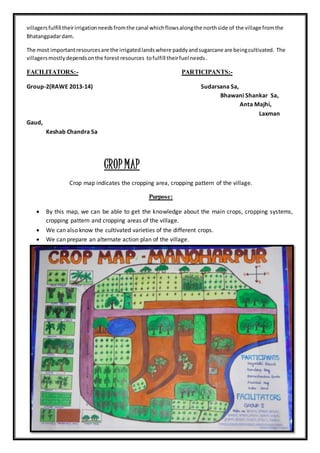 villagersfulfill theirirrigationneedsfromthe canal whichflowsalongthe northside of the village fromthe
Bhatangpadardam.
The most importantresourcesare the irrigatedlandswhere paddyandsugarcane are beingcultivated. The
villagersmostlydependsonthe forest resources tofulfill theirfuel needs.
FACILITATORS:- PARTICIPANTS:-
Group-2(RAWE 2013-14) Sudarsana Sa,
Bhawani Shankar Sa,
Anta Majhi,
Laxman
Gaud,
Keshab Chandra Sa
CROP MAP
Crop map indicates the cropping area, cropping pattern of the village.
Purpose:
 By this map, we can be able to get the knowledge about the main crops, cropping systems,
cropping pattern and cropping areas of the village.
 We can also know the cultivated varieties of the different crops.
 We can prepare an alternate action plan of the village.
 
