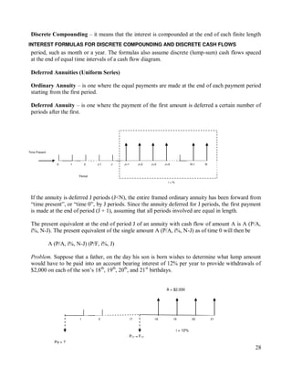 28
Discrete Compounding – it means that the interest is compounded at the end of each finite length
period, such as month or a year. The formulas also assume discrete (lump-sum) cash flows spaced
at the end of equal time intervals of a cash flow diagram.
Deferred Annuities (Uniform Series)
Ordinary Annuity – is one where the equal payments are made at the end of each payment period
starting from the first period.
Deferred Annuity – is one where the payment of the first amount is deferred a certain number of
periods after the first.
If the annuity is deferred J periods (J<N), the entire framed ordinary annuity has been forward from
“time present”, or “time 0”, by J periods. Since the annuity deferred for J periods, the first payment
is made at the end of period (J + 1), assuming that all periods involved are equal in length.
The present equivalent at the end of period J of an annuity with cash flow of amount A is A (P/A,
i%, N-J). The present equivalent of the single amount A (P/A, i%, N-J) as of time 0 will then be
A (P/A, i%, N-J) (P/F, i%, J)
Problem. Suppose that a father, on the day his son is born wishes to determine what lump amount
would have to be paid into an account bearing interest of 12% per year to provide withdrawals of
$2,000 on each of the son‟s 18th
, 19th
, 20th
, and 21st
birthdays.
INTEREST FORMULAS FOR DISCRETE COMPOUNDING AND DISCRETE CASH FLOWS
Time Present
1 J-1 J J+1 J+2 J+3 J+4 N-1 N
0
i = %
2
Period
1 17 18 19 20 21
Po = ?
2
P17 = F17
A = $2,000
i = 12%
 