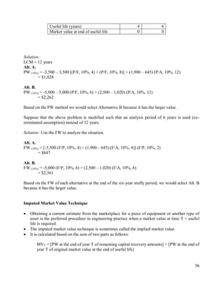 56
Useful life (years) 4 6
Market value at end of useful life 0 0
Solution:
LCM = 12 years
Alt. A.
PW (10%) = -3,500 – 3,500 [(P/F, 10%, 4) + (P/F, 10%, 8)] + (1,900 – 645) (P/A, 10%, 12)
= $1,028
Alt. B.
PW (10%) = -5,000 – 5,000 (P/F, 10%, 6) + (2,500 – 1,020) (P/A, 10%, 12)
= $2,262
Based on the PW method we would select Alternative B because it has the larger value.
Suppose that the above problem is modified such that an analysis period of 6 years is used (co-
terminated assumption) instead of 12 years.
Solution: Use the FW to analyze the situation.
Alt. A.
FW (10%) = [-3,500 (F/P, 10%, 4) + (1,900 – 645) (F/A, 10%, 4)] (F/P, 10%, 2)
= $847
Alt. B.
FW (10%) = -5,000 (F/P, 10%, 6) + (2,500 – 1,020) (F/A, 10%, 6)
= $2,561
Based on the FW of each alternative at the end of the six-year stuffy period, we would select Alt. B
because it has the larger value.
Imputed Market Value Technique
 Obtaining a current estimate from the marketplace for a piece of equipment or another type of
asset is the preferred procedure in engineering practice when a market value at time T < useful
life is required.
 The imputed market value technique is sometimes called the implied market value.
 It is calculated based on the sum of two parts as follows:
MVT = [PW at the end of year T of remaining capital recovery amounts] + [PW at the end of
year T of original market value at the end of useful life}
 