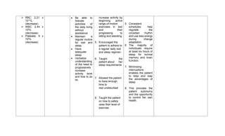  RBC: 2.21 x
1012/L
(decrease)
 WBC: 2.44 x
109/L
(decrease)
 Platelets: 9 x
109/L
(decrease)
 Be able to
tolerate
activities of
the daily living
without
assistance
 Maintain a
regular routine
for rest and
sleep.
 Have
adequate
sleep.
 Verbalize
understanding
of the need to
progressively
increase
activity level
and how to do
so.
increase activity by
beginning active
range-of-motion
exercises in bed
and then
progressing to
sitting and standing.
5. Encouraged the
patient to adhere to
a regular daily rest
and sleep regimen.
6. Taught the
patient about her
sleep requirements.
7. Allowed the patient
to have enough
time to
rest undisturbed.
8. Taught the patient
on how to safely
raise their level of
exercise.
5. Consistent
schedules help
regulate the
circadian rhythm
and use less energy
during change
adaptation.
6. The majority of
individuals require
at least six hours of
sleep for normal
memory and brain
function.
7. Minimizing
interruptions
enables the patient
to relax and reap
the advantages of
sleep.
8. This provides the
patient autonomy
and the opportunity
to control her own
health.
 