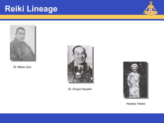 Reiki – Level 1
Reiki Lineage
Dr. Chujiro Hayashi
Hawayo Takata
Dr. Mikao Usui
 
