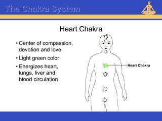 Reiki – Level 1
The Chakra System
Heart Chakra
Heart Chakra
• Center of compassion,
devotion and love
• Light green color
• Energizes heart,
lungs, liver and
blood circulation
 