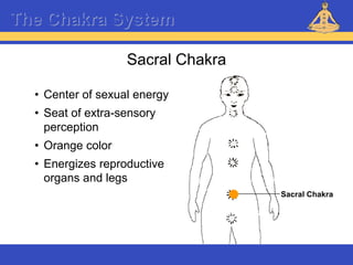 Reiki – Level 1
The Chakra System
Sacral Chakra
Sacral Chakra
• Center of sexual energy
• Seat of extra-sensory
perception
• Orange color
• Energizes reproductive
organs and legs
 