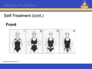 Reiki – Level 1
Hands Position
Self-Treatment (cont.)
Front
Drawings from BAB Japan K.K.
 