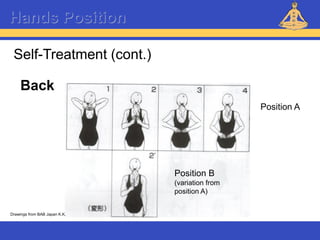 Reiki – Level 1
Hands Position
Back
Drawings from BAB Japan K.K.
Position A
Position B
(variation from
position A)
Self-Treatment (cont.)
 