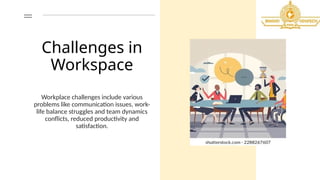 Challenges in
Workspace
Workplace challenges include various
problems like communication issues, work-
life balance struggles and team dynamics
conflicts, reduced productivity and
satisfaction.
 