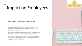 Impact on Employees
How These Challenges Affect Us All
Workspace challenges directly impact productivity and
efficiency. Addressing these challenges is crucial for
optimal work outcomes.
When these challenges pile up, it’s not just about work but
about how we feel about coming into office each day.
Increased workloads and emotional exhaustion can cause
fatigue, reduced productivity, and lower job satisfaction,
impacting overall well-being.
Photos provided by Unsplash
 