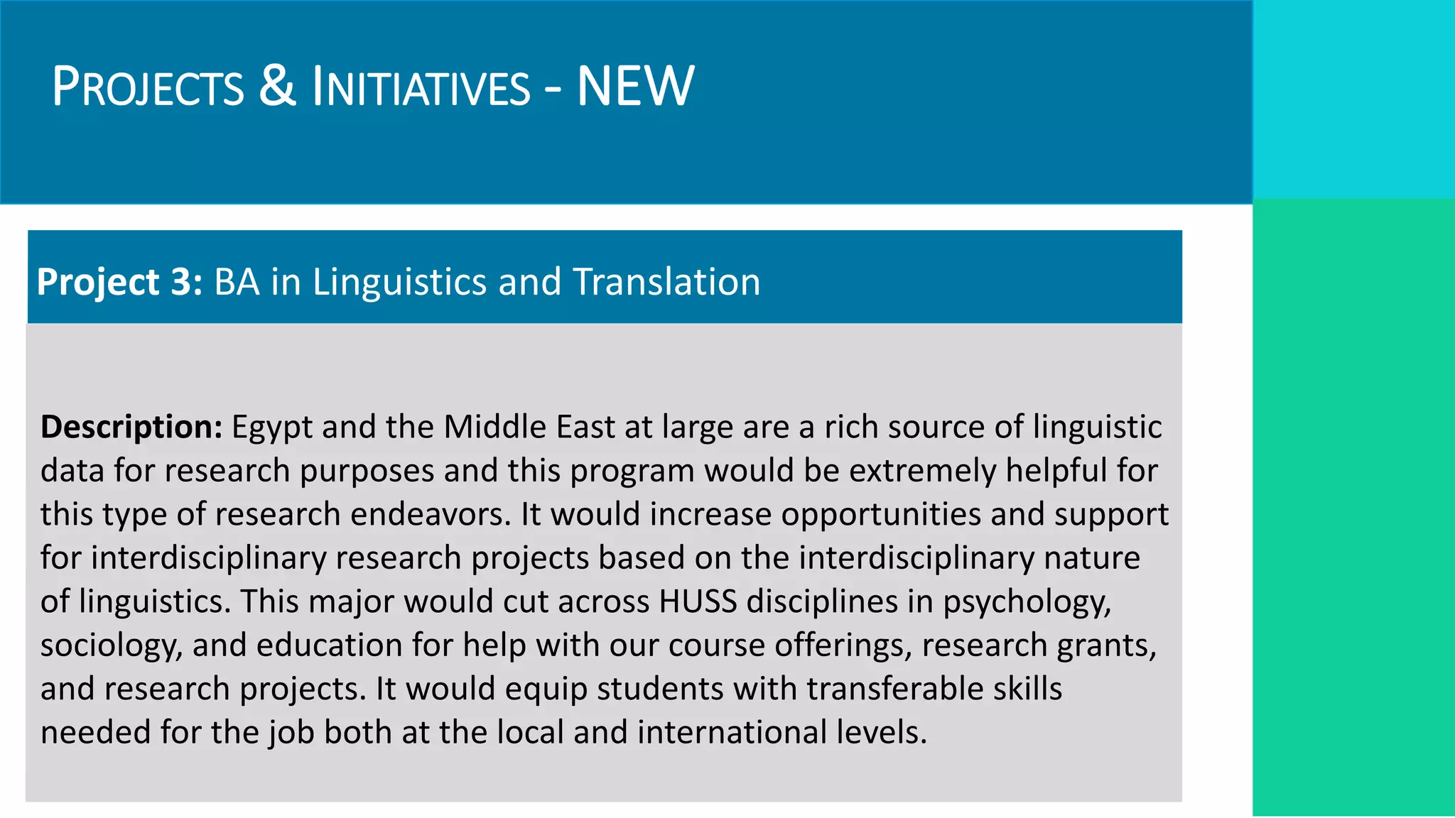 PROJECTS & INITIATIVES - NEW
Project 3: BA in Linguistics and Translation
Description: Egypt and the Middle East at large are a rich source of linguistic
data for research purposes and this program would be extremely helpful for
this type of research endeavors. It would increase opportunities and support
for interdisciplinary research projects based on the interdisciplinary nature
of linguistics. This major would cut across HUSS disciplines in psychology,
sociology, and education for help with our course offerings, research grants,
and research projects. It would equip students with transferable skills
needed for the job both at the local and international levels.
 
