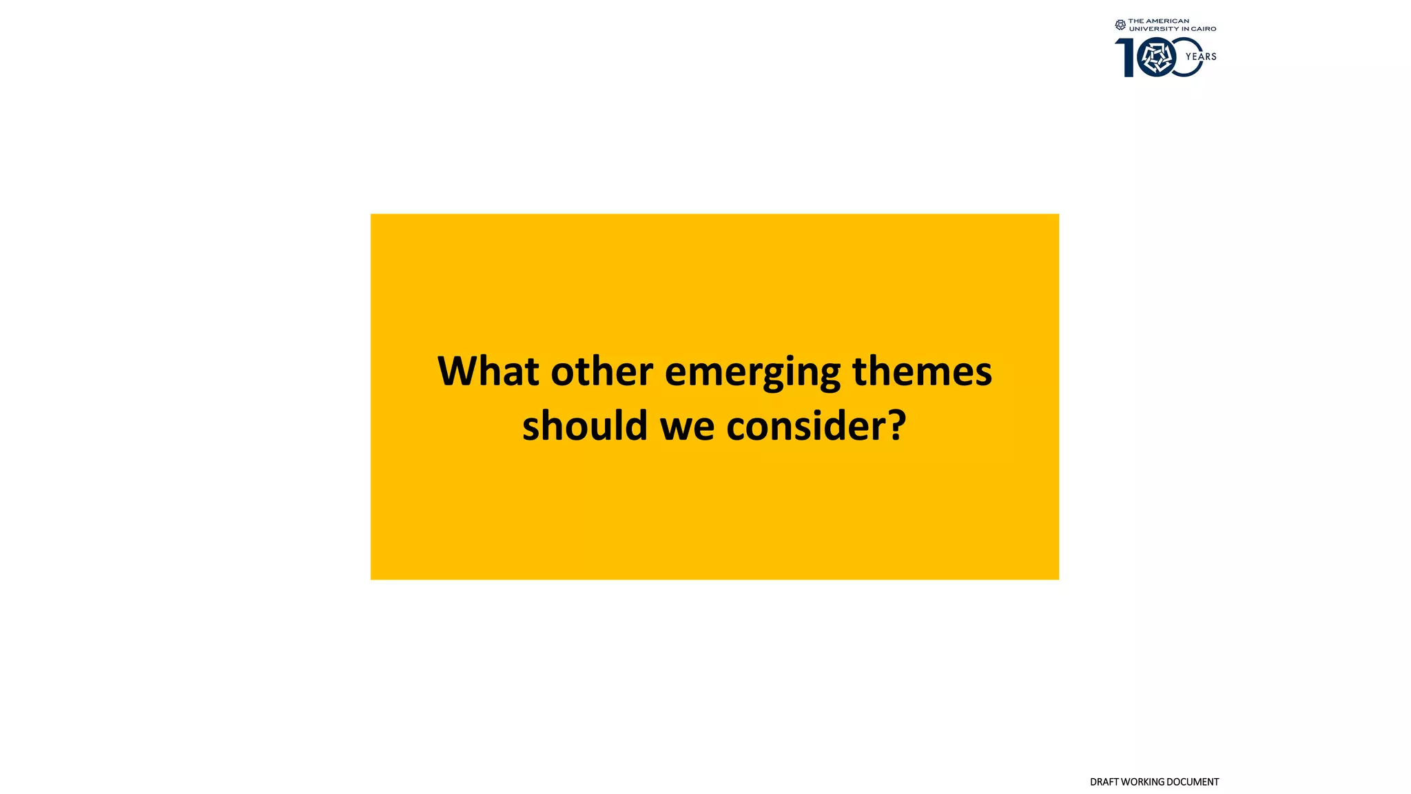 What other emerging themes
should we consider?
DRAFT WORKINGDOCUMENT
 