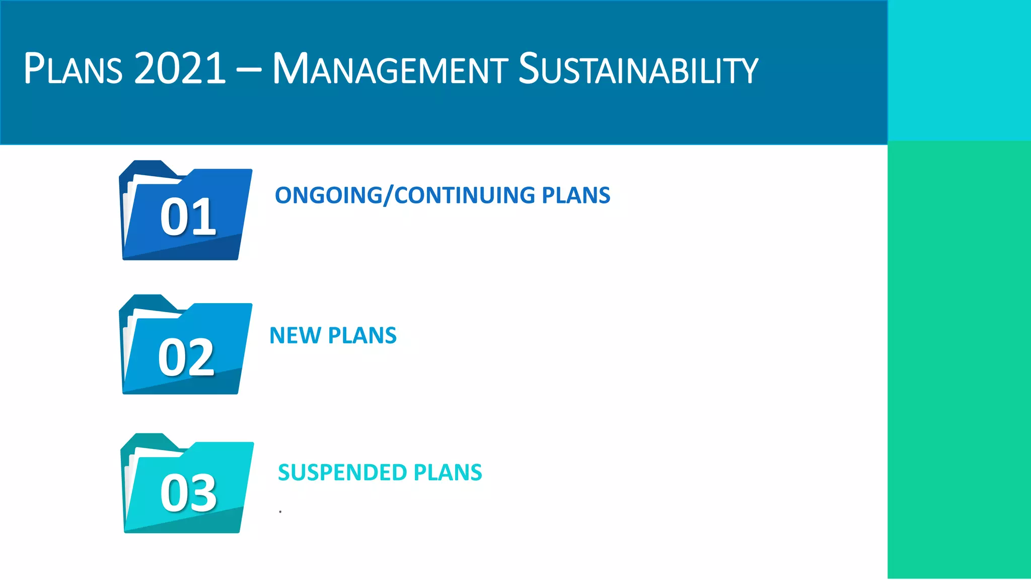 ONGOING/CONTINUING PLANS
SUSPENDED PLANS
.
01
NEW PLANS
02
03
PLANS 2021 – MANAGEMENT SUSTAINABILITY
 