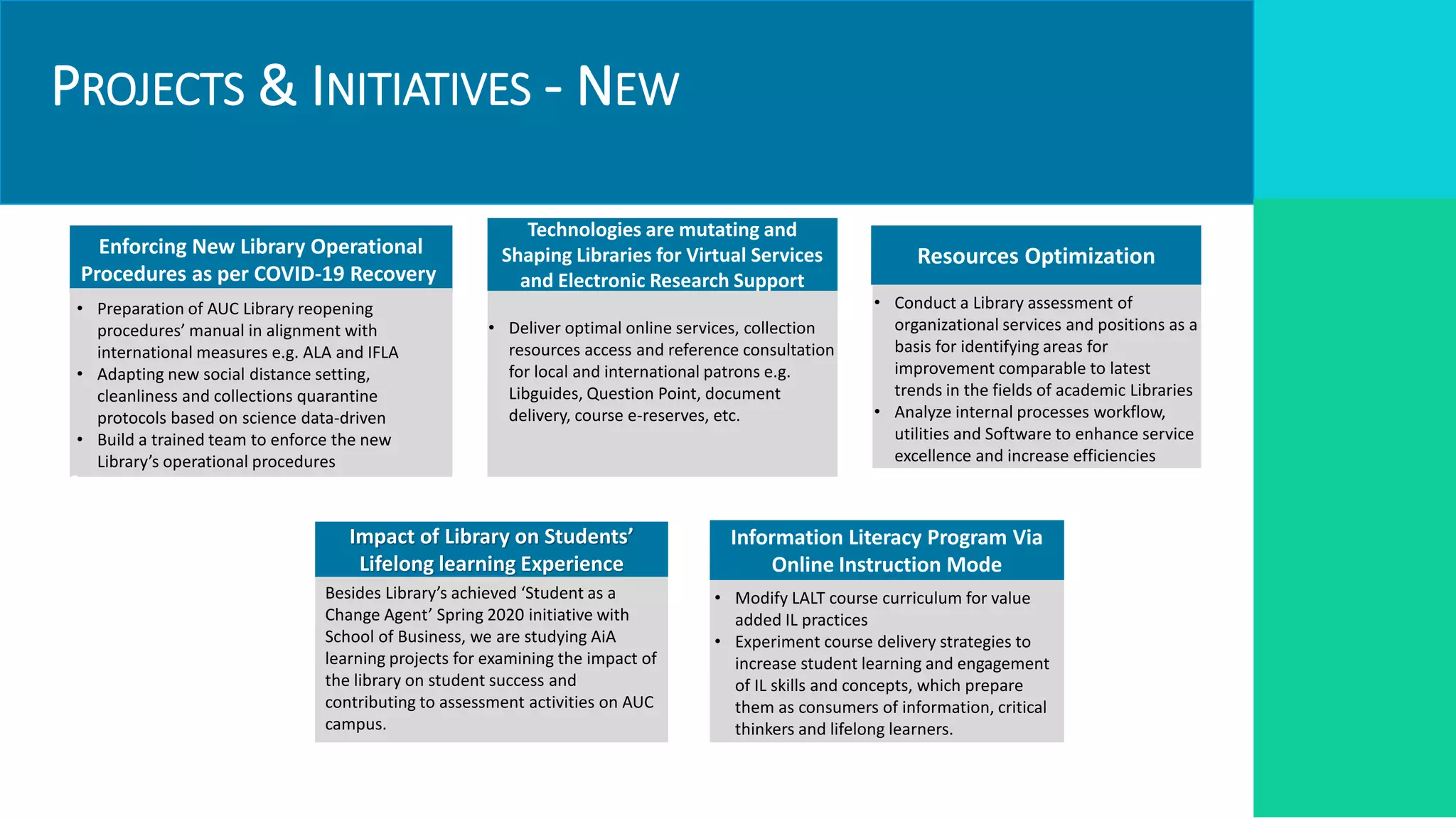 PROJECTS & INITIATIVES - NEW
Resources Optimization
• Conduct a Library assessment of
organizational services and positions as a
basis for identifying areas for
improvement comparable to latest
trends in the fields of academic Libraries
• Analyze internal processes workflow,
utilities and Software to enhance service
excellence and increase efficiencies
Technologies are mutating and
Shaping Libraries for Virtual Services
and Electronic Research Support
• Deliver optimal online services, collection
resources access and reference consultation
for local and international patrons e.g.
Libguides, Question Point, document
delivery, course e-reserves, etc.
Enforcing New Library Operational
Procedures as per COVID-19 Recovery
• Preparation of AUC Library reopening
procedures’ manual in alignment with
international measures e.g. ALA and IFLA
• Adapting new social distance setting,
cleanliness and collections quarantine
protocols based on science data-driven
• Build a trained team to enforce the new
Library’s operational procedures
KPIs
Targets Impact of Library on Students’
Lifelong learning Experience
Besides Library’s achieved ‘Student as a
Change Agent’ Spring 2020 initiative with
School of Business, we are studying AiA
learning projects for examining the impact of
the library on student success and
contributing to assessment activities on AUC
campus.
Information Literacy Program Via
Online Instruction Mode
• Modify LALT course curriculum for value
added IL practices
• Experiment course delivery strategies to
increase student learning and engagement
of IL skills and concepts, which prepare
them as consumers of information, critical
thinkers and lifelong learners.
 