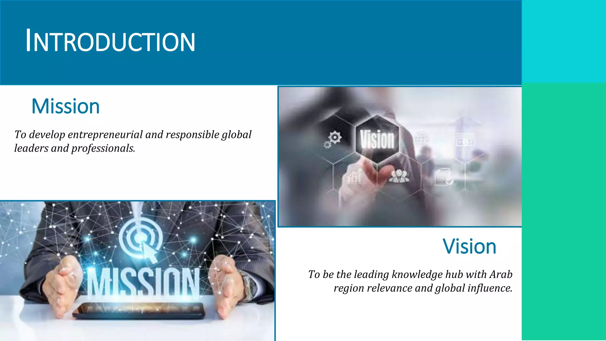 INTRODUCTION
Vision
Mission
To develop entrepreneurial and responsible global
leaders and professionals.
To be the leading knowledge hub with Arab
region relevance and global influence.
 
