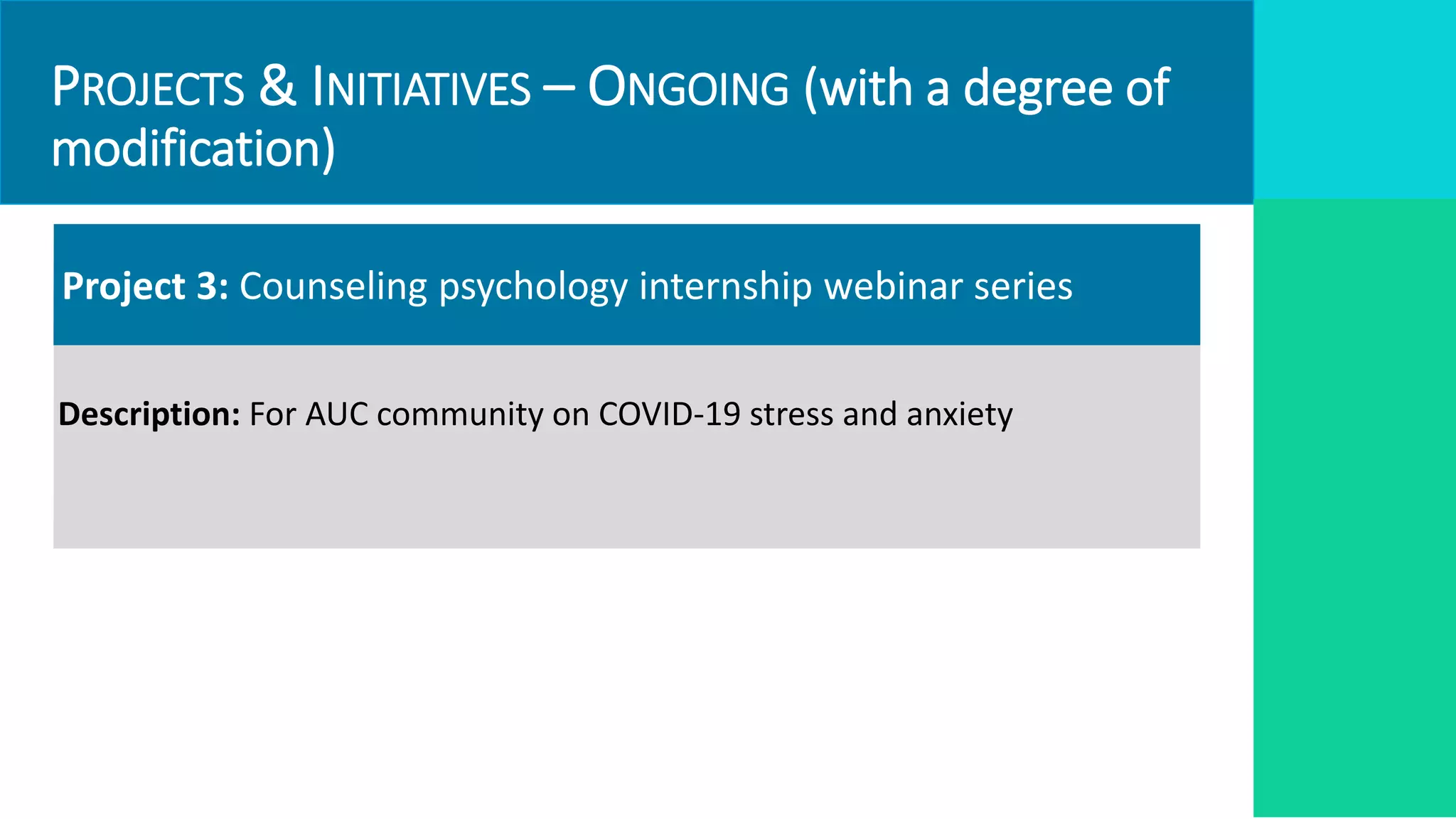 PROJECTS & INITIATIVES – ONGOING (with a degree of
modification)
Project 3: Counseling psychology internship webinar series
Description: For AUC community on COVID-19 stress and anxiety
 