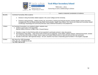 Teck Whye Secondary School
                                                                                          TWSS 2011 – 2012:
                                                                              Connecting to Learn, Collaborating to Achieve


                                                                                                 based on reasoned consideration of evidence.
Benefits:   Combined Humanities offers students:

                      Choices in doing Humanities related subjects in the Junior College and the University.

                      Choices in doing business – related courses [ eg. accountancy, banking and financial services, business studies, tourism and resort
                       management], Film and Media studies [eg. Mass Communication, Digital Video Effects, Film, Sound and Video] and Humanities related
                       courses [eg. Psychology and Community Services, Early Childhood Education] in the polytechnics.

Criteria    As Combined Humanities is an analytical subject, students must:
                Achieve a good pass in the Humanities.
                 Elective History (minimum of 75% in Sec 2 Overall History)

                  Develop a range of critical thinking skills and are expected to participate actively in class discussions.
                  Be prepared to read widely - read various kinds of texts such as speeches, current affairs, political cartoons, historical documents, reviews
                   etc. so that they will be able to critique, reason, argue, put forward different points of view and arrive at their own conclusion.
                  Be able to write clear, well-organised essays. As such, students must have a reasonably good foundation in the English Language.

Contact     Mrs Vena Foo, HOD Humanties
            chan_gek_chu_vena@moe.edu.sg
            Tel. 6769 1386 ext 623




                                                                                                                                                       12
 