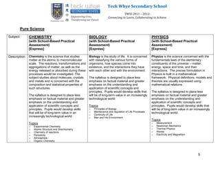 Teck Whye Secondary School
                                                                                      TWSS 2011 – 2012:
                                                                          Connecting to Learn, Collaborating to Achieve


          Pure Science
Subject       CHEMISTRY                                   BIOLOGY                                            PHYSICS
              (with School-Based Practical                (with School-Based Practical                       (with School-Based Practical
              Assessment)                                 Assessment)                                        Assessment)
              [Express]                                   [Express]                                          [Express]

Description   Chemistry is the science that studies       Biology is the study of life. It is concerned      Physics is the science concerned with the
              matter at the atomic to macromolecular      with classifying the various forms of              fundamentals laws of the elementary
              scale. The reactions, transformations and   organisms, how species come into                   constituents of the universe – matter,
              aggregations of matter; as well as the      existence, and the interactions they have          energy, space and time, and their
              energy released or absorbed during these    with each other and with the environment.          interactions. The precise formulation in
              processes would be investigated. The                                                           Physics is built in a mathematical
              subject studies about molecues, crystals    The syllabus is designed to place less             framework. Physical definitions, models and
              and metals and is concerned with the        emphasis on factual material and greater           theories are usually expressed using
              composition and statistical properties of   emphasis on the understanding and                  mathematical relations.
              such structures.                            application of scientific concepts and
                                                          principles. Pupils would develop skills that       The syllabus is designed to place less
              The syllabus is designed to place less      will be of long-term value in an increasingly      emphasis on factual material and greater
              emphasis on factual material and greater    technological world                                emphasis on the understanding and
              emphasis on the understanding and                                                              application of scientific concepts and
              application of scientific concepts and      Topics                                             principles. Pupils would develop skills that
              principles. Pupils would develop skills     o   Principles of Biology                          will be of long-term value in an increasingly
              that will be of long-term value in an       o   Maintenance and regulation of Life Processes   technological world.
                                                          o   Continuity of Life
              increasingly technological world            o   Man and His Environment
                                                                                                             Topics
              Topics                                                                                         o   Measurement
              o   Experimental Chemistry                                                                     o   Newtonian Mechanics
              o   Atomic Structure and Stoichiometry                                                         o   Thermal Physics
              o   Chemistry of reactions                                                                     o   Waves
              o   Periodicity                                                                                o   Electricity and Magnetism
              o   Atmosphere
              o   Organic Chemistry




                                                                                                                                                 5
 