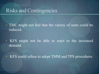 Risks and Contingencies
• TMC might not feel that the variety of seats could be
reduced.
• KFS might not be able to react to the increased
demand
• KFS could refuse to adopt TMM and TPS procedures
 