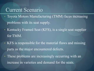 Current Scenario
• Toyota Motors Manufacturing (TMM) faces increasing
problems with its seat supply.
• Kentucky Framed Seat (KFS), is a single seat supplier
for TMM.
• KFS is responsible for the material flaws and missing
parts as the major encountered defects.
• These problems are increasingly occurring with an
increase in varieties and demand for the seats.
 