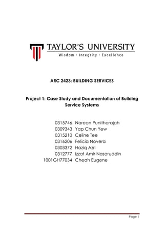 Page 1
	
  
ARC 2423: BUILDING SERVICES
Project 1: Case Study and Documentation of Building
Service Systems
0315746 Narean Punitharajah
0309343 Yap Chun Yew
0315210 Celine Tee
0316206 Felicia Novera
0303372 Haziq Azri
0312777 Izzat Amir Nasaruddin
1001GH77034 Cheah Eugene
 