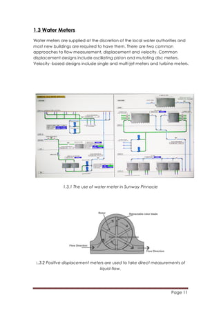Page 11
	
  
1.3 Water Meters
Water meters are supplied at the discretion of the local water authorities and
most new buildings are required to have them. There are two common
approaches to flow measurement, displacement and velocity. Common
displacement designs include oscillating piston and mutating disc meters.
Velocity -based designs include single and multi-jet meters and turbine meters.
1.3.1 The use of water meter in Sunway Pinnacle
1.3.2 Positive displacement meters are used to take direct measurements of
liquid flow.
 