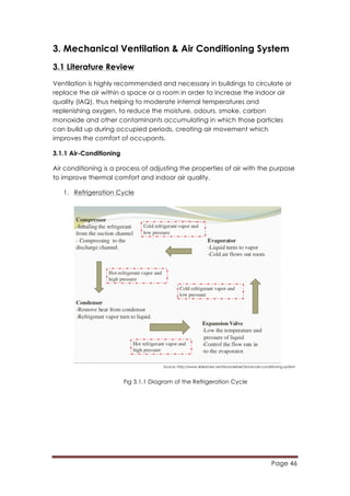 Page 46
	
  
3. Mechanical Ventilation & Air Conditioning System
3.1 Literature Review
Ventilation is highly recommended and necessary in buildings to circulate or
replace the air within a space or a room in order to increase the indoor air
quality (IAQ), thus helping to moderate internal temperatures and
replenishing oxygen, to reduce the moisture, odours, smoke, carbon
monoxide and other contaminants accumulating in which those particles
can build up during occupied periods, creating air movement which
improves the comfort of occupants.
3.1.1 Air-Conditioning
Air conditioning is a process of adjusting the properties of air with the purpose
to improve thermal comfort and indoor air quality.
1. Refrigeration Cycle
Source:	
  http://www.slideshare.net/NooruleInieOsman/air-conditioning-system
Fig 3.1.1 Diagram of the Refrigeration Cycle
 