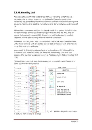 Page 51
	
  
3.3 Air Handling Unit
According to ANSI/AHRI Standard 430-2009, Air Handling Unit (AHU) is a
factory-made encased assembly consisting of a fan or fans and other
necessary equipment to perform one or more of the functions circulating and
cleaning, heating and cooling, humidifying and dehumidifying, and mixing of
air.
Air handlers are connected to a duct work ventilation system that distributes
the conditioned air through the building and returns it to the AHU. The air
supply that passes through AHU is filtered and is either heated or cooled
depends on the specific duty and the weather conditions
Smaller air handling units, which mostly are for local use, are called terminal
units. These terminal units are called blower coils or fan coil units and include
an air filter, coil and a blower.
Makeup Air Unit (MAU) is a larger type of air handling unit that conditions
outside air and no recirculated air, while the air handling units that are
designed for outdoor usage are known as Packaged Unit (PU) or Rooftop Unit
(RTU).
Different from most buildings, the cooling procedure in Sunway Pinnacle is
done by chilled water process.
Fig 3.3.1 Air Handling Units (as shown
in picture) from level 3 to level 20
 