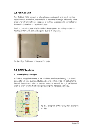 Page 55
	
  
3.6 Fan Coil Unit
Fan Coil Unit (FCU) consists of a heating or cooling coil and fan. It can be
found in most residential, commercial or industrial buildings. It typically is not
area where the installment happens or multiple spaces and is controlled by
either manual switch or by a thermostat.
The fan coil unit is more efficient to install compared to ducting system or
heating system with air handling unit due to its simplicity.
Fig 3.6.1 Fan Coil Room in Sunway Pinnacle
3.7 ACMV Features
3.7.1 Emergency Air Supply
In case of any power failure or fire accident within the building, a standby
generator will take over and Building Control System (BCS) will activate the
fresh air fan that is located at the roof to supply fresh air through the fresh air
shaft to every level in the building including the staircase pathway.
Fig 3.7.1 Diagram of Air Supply Flow as shown
in plan
 