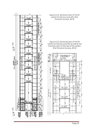 Page 63
	
  
Figure 4.2.4: Sectional view of the lift
system for the low-zone lifts. (The
Pinnacle Sunway, 2015)
	
  
Figure 4.2.5: Sectional view of the lift
system for the low-zone lifts as well as the
machine room at the top of the system.
(The Pinnacle Sunway, 2015)
 