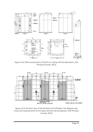 Page 70
	
  
Figure 4.3.3: Plans and sections of the lift car, along with the dimensions. (The
Pinnacle Sunway, 2015)
Figure 4.3.4: The front view of the lift doors in the lift lobby. The diagram also
shows the measurements for the doors and the hall accessories. (The Pinnacle
Sunway, 2015)
 