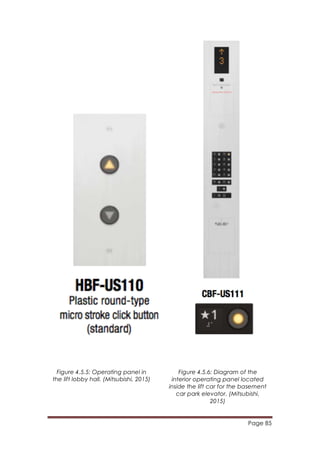 Page 85
	
  
Figure 4.5.5: Operating panel in
the lift lobby hall. (Mitsubishi, 2015)	
  
Figure 4.5.6: Diagram of the
interior operating panel located
inside the lift car for the basement
car park elevator. (Mitsubishi,
2015)	
  
 