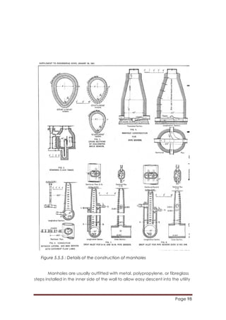 Page 98
	
  
Manholes are usually outfitted with metal, polypropylene, or fibreglass
steps installed in the inner side of the wall to allow easy descent into the utility
Figure 5.5.5 : Details of the construction of manholes
 