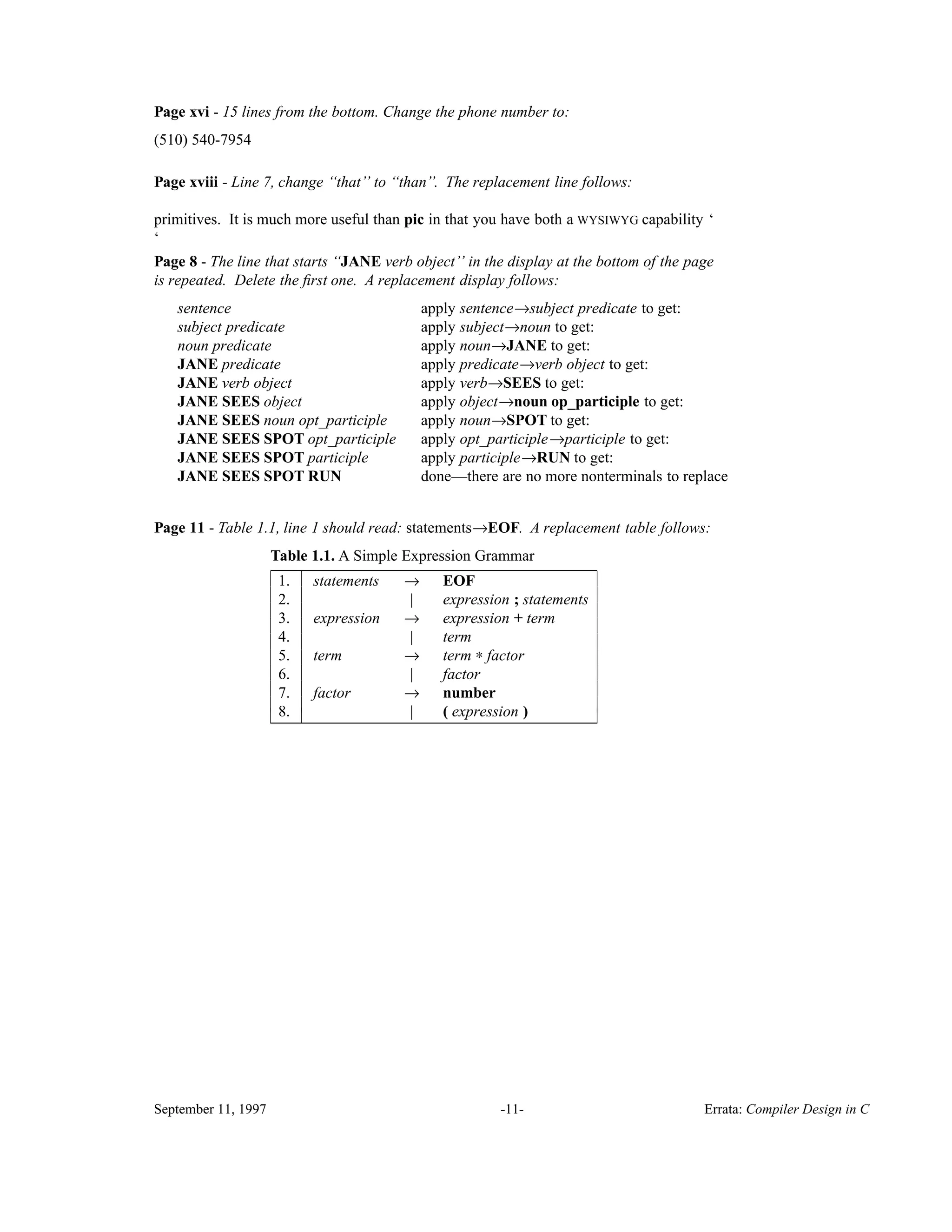Page xvi - 15 lines from the bottom. Change the phone number to: (510) 540-7954 Page xviii - Line 7, change ‘‘that’’ to ‘‘than’’. The replacement line follows: primitives. It is much more useful than pic in that you have both a WYSIWYG capability ‘ ‘ Page 8 - The line that starts ‘‘JANE verb object’’ in the display at the bottom of the page is repeated. Delete the ﬁrst one. A replacement display follows: sentence apply sentence→subject predicate to get: subject predicate apply subject→noun to get: noun predicate apply noun→JANE to get: JANE predicate apply predicate→verb object to get: JANE verb object apply verb→SEES to get: JANE SEES object apply object→noun op_participle to get: JANE SEES noun opt_participle apply noun→SPOT to get: JANE SEES SPOT opt_participle apply opt_participle→participle to get: JANE SEES SPOT participle apply participle→RUN to get: JANE SEES SPOT RUN done—there are no more nonterminals to replace Page 11 - Table 1.1, line 1 should read: statements→EOF. A replacement table follows: Table 1.1. A Simple Expression Grammar__________________________________________ 1. statements → EOF 2. | expression ; statements 3. expression → expression + term 4. | term 5. term → term ∗ factor 6. | factor 7. factor → number 8. | ( expression )__________________________________________ September 11, 1997 -11- Errata: Compiler Design in C 