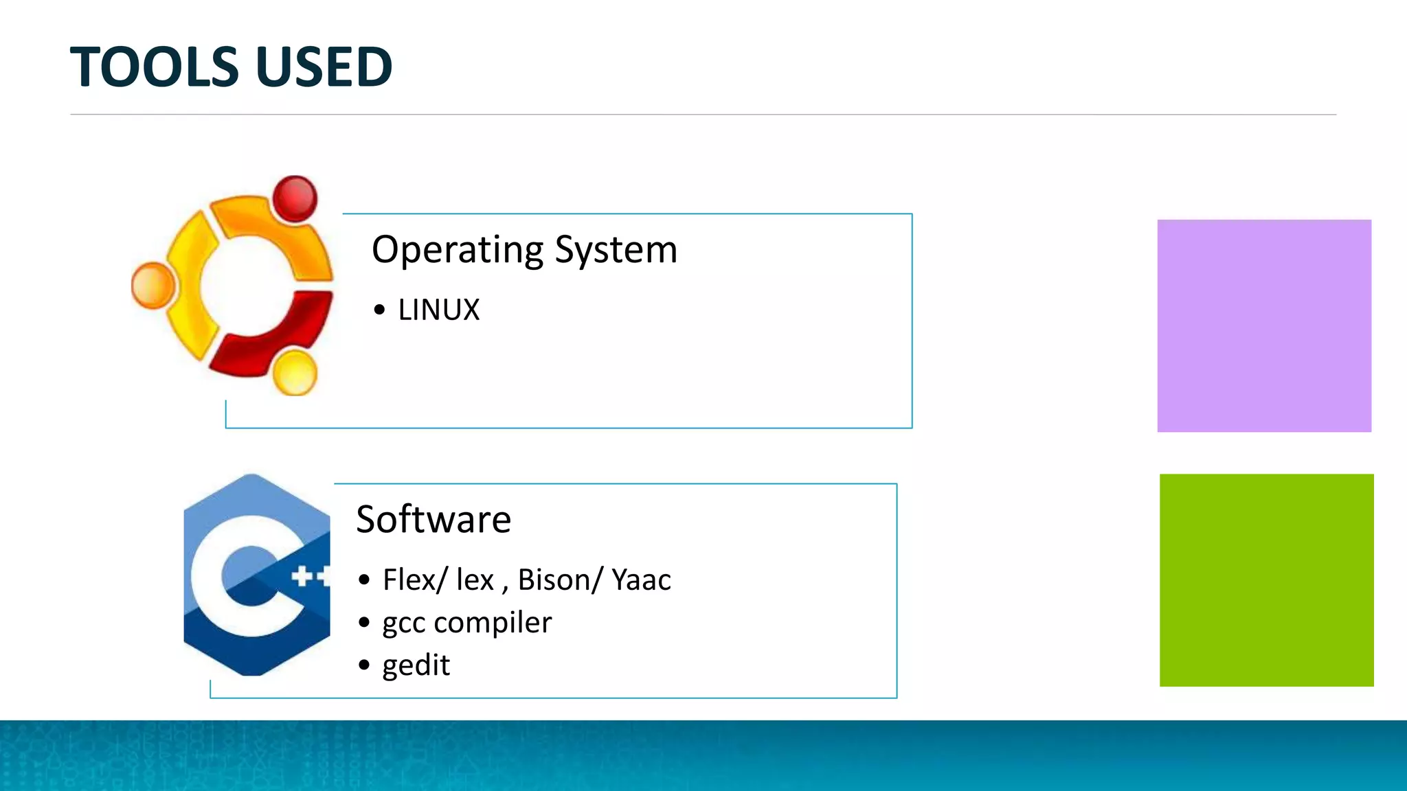 TOOLS USED
Operating System
• LINUX
Software
• Flex/ lex , Bison/ Yaac
• gcc compiler
• gedit
 