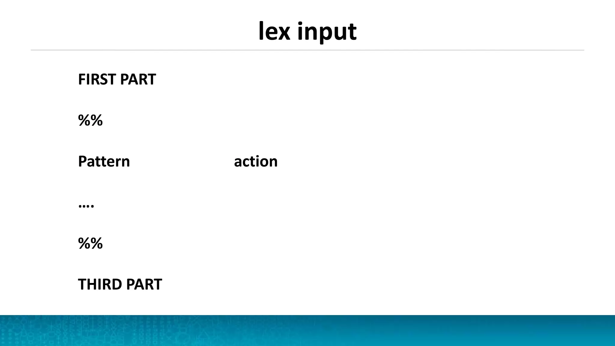 lex input
FIRST PART
%%
Pattern action
….
%%
THIRD PART
 