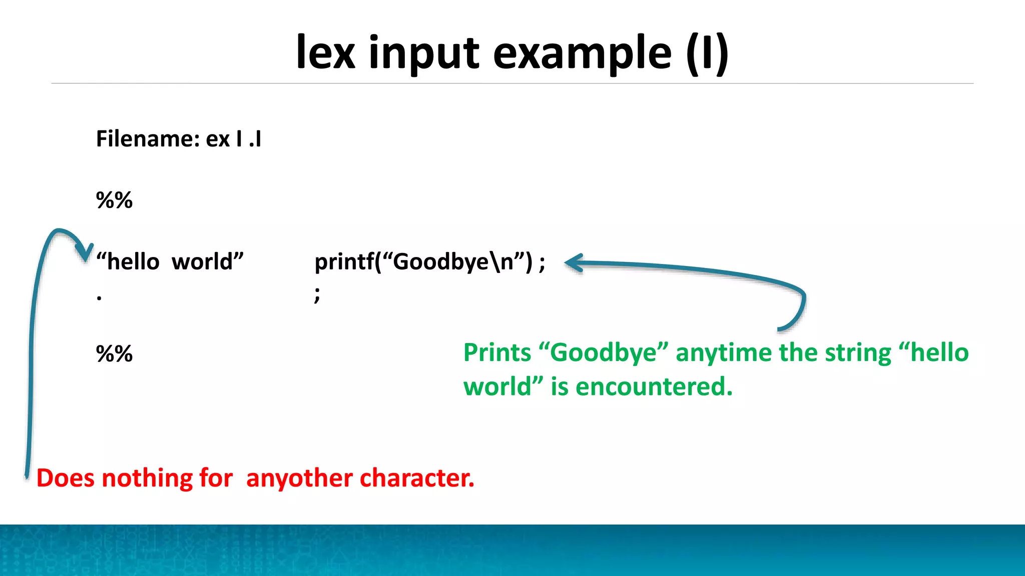 lex input example (I)
Filename: ex I .I
%%
“hello world” printf(“Goodbyen”) ;
. ;
%% Prints “Goodbye” anytime the string “hello
world” is encountered.
Does nothing for anyother character.
 